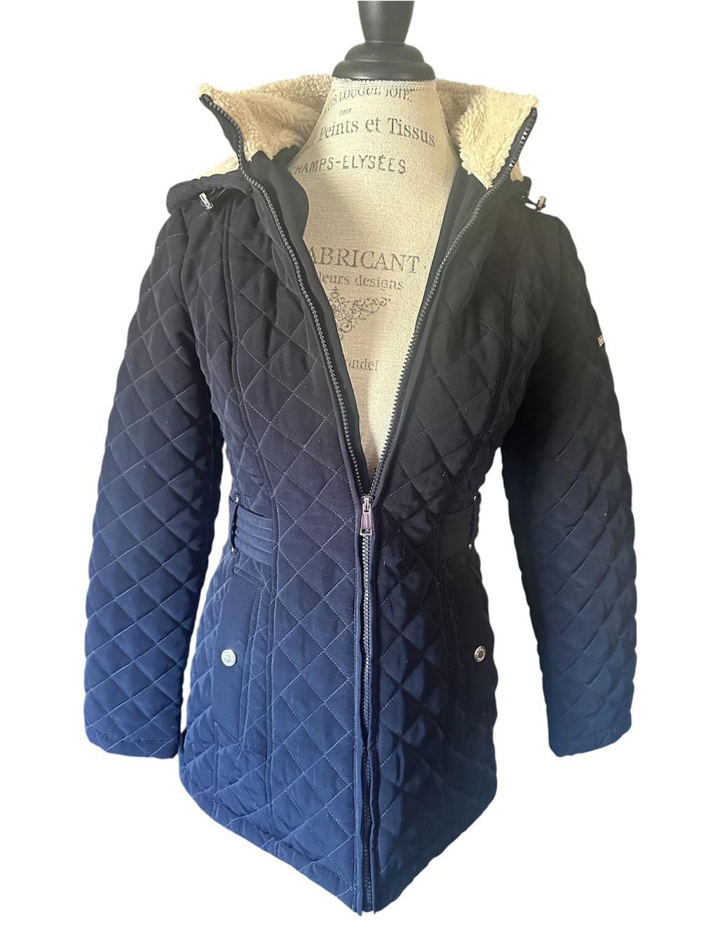 Laundry By Shelli Segal Quilted Navy Puffer Jacket with Sherpa Hood
